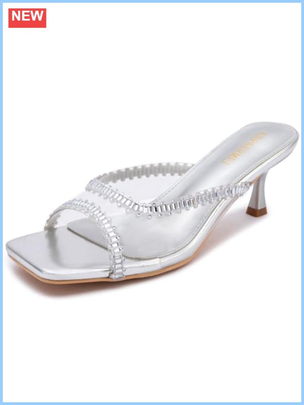 Rhinestone Kitten Heel Sandals Slip On Low Heel Mules Faux Leather